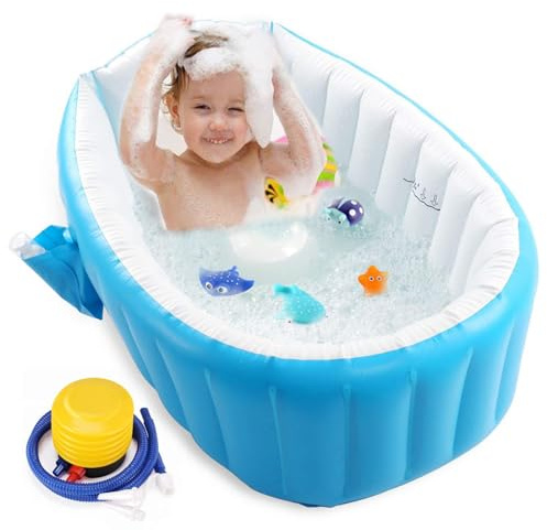 Inflatable Baby Bathtub ，Portable Inflatable Baby Bathtub - Non-Slip, Foldable Design with Air Pump - Essential Travel Bath for Newborns (Blue)