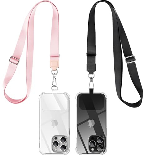 caslord Handyband Universal 2 Stück, 2× Universelles Pad, 2× Einstellbar Halsband Schlüsselband, Kompatibel mit alle Smartphone, Handyband mit jeder Hülle kombinierbar,(Schwarz+Rosa)