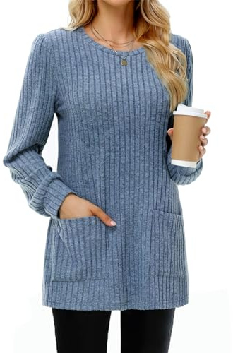 Tanmolo Suéter Mujer Largo Ligero con Bolsillos Cuello Redondo Manga Larga - Jersey Básico de Punto Suave para Otoño Invierno Primavera Azul Denim, XL