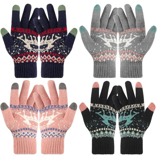 GSrenyu 4 Pairs Women Winter Warm Cute Touchscreen Ladies Soft Knitted Thermal Gloves, Thick Plush Lined Cold Weather Outdoor