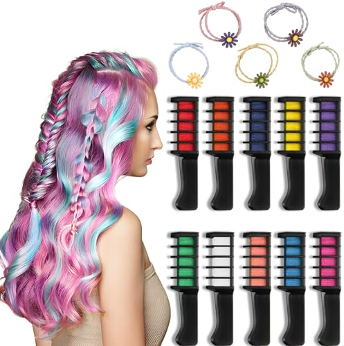 Landrain 10 Stück Haarkreide für Dunkle Haare mit 5 Haarseile, Haarkreide Kamm für Mädchen Set,Temporär Auswaschbar