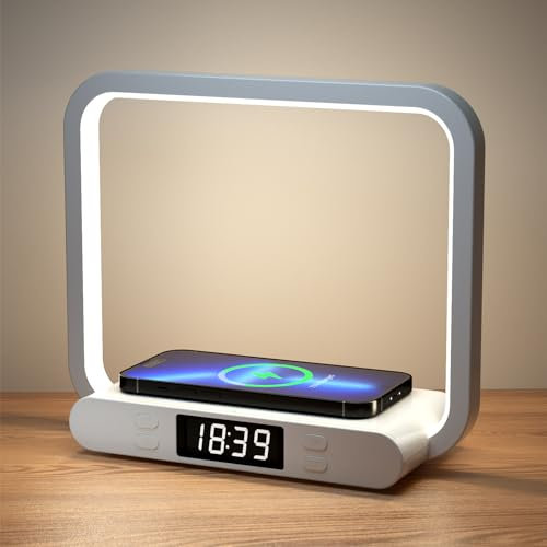 VOSFEEL 4 in 1 Lampada da Comodino, Controllo Touch Lampada da Tavolo, Lampada da Scrivania con Porta USB & Orologi, Adatto per Camera da Letto, Studio, Ufficio
