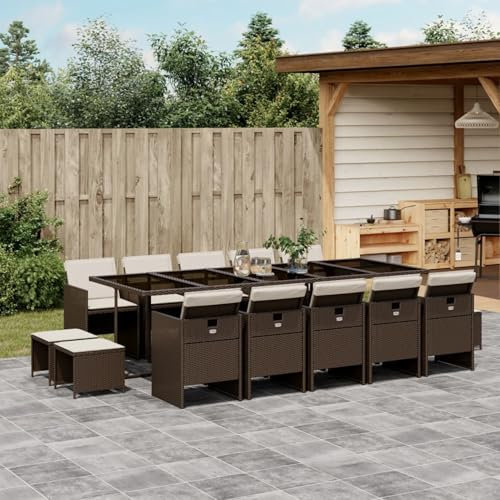 Homgoday 15-TLG. Garten-Essgruppe mit Kissen Gartenmöbel Set Balkonmöbel Gartenstühle mit Tisch, Sitzgruppe Terrassenmöbel Gartengarnitur Sitzgarnitur Braun Poly Rattan
