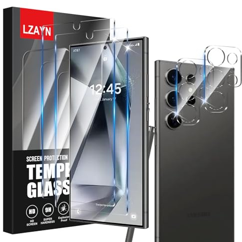 2 Pack Screen Protector Compatible with Samsung Galaxy S24 Ultra 5G,2 Tempered Glass with 2 Camera Lens Protector, High Transparency, 9H Scratch-proof, Bubble Free, Case Compatible, Easy Installation