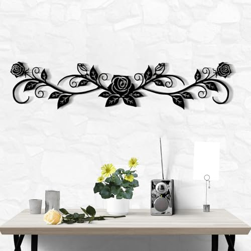 DUOOLN Groß Metall Wanddekoration,Langes Eisen Rosenblüte Ranken Dekor,Moderne Geometrische Wanddek, Schwarze Metall-Wanddekoration für Bauernh Zuhause, Schlafzimmer, Wohnzimmer (73.66 x 16 cm)