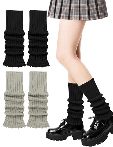 MELLIEX 2 Paar Stulpen Damen, Winter Gestrickte Beinstulpen, Warme Lange Beinwärmer, Schwarz und Grau