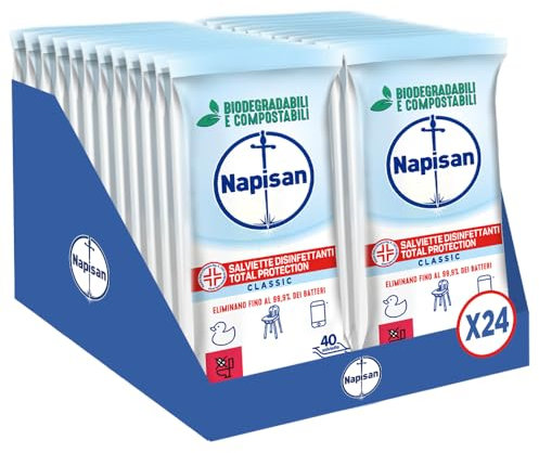 Napisan Salviette Disinfettanti Total Protection, Confezione da 24 Pacchi x 40 Salviette Disinfettanti Biodegradabili e Compostabili Multisuperfici