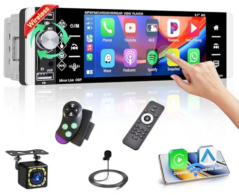 Fuluku 1 Din bilradio med trådlös Carplay Android Auto, 5,1 tum HD pekskärmsradio med Bluetooth/USB/FM/AM/RDS/EQ/spegellänk/backkamera/SWC/MIC