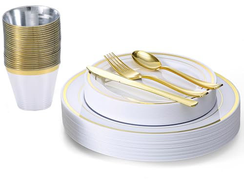 150 Pcs Réutilisable Couverts en Plastique Doré, 25 Assiettes Plate, 25 Assiettes à Salade, 25 Couteaux, 25 Fourchette, 25 Cuillère, 25 Tasse, pour Mariage Jardin Fête
