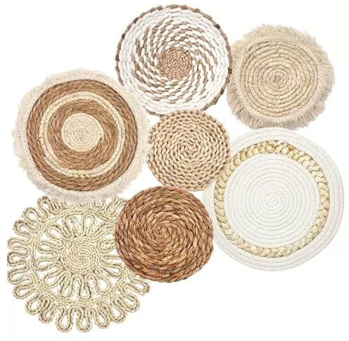 Hintyne Boho-Wandkörbe 7-teilig/Set Verschiedene Größen und Stile Boho-Wandkorb-Dekor Stroh gewebt und rund dekorative Kunst für Wohnzimmer Schlafzimmer Bauernhaus Kinderzimmer