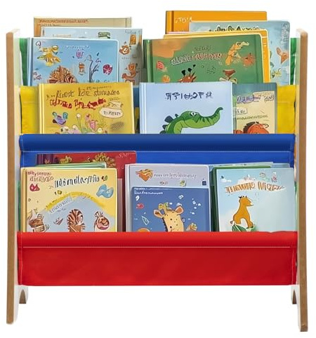 PetHot Kinderbücherregal Holzregal Regal mit Aufbewahrungsfach Kinderbücherregal mit weicher Leinwand für Ihren kleinen Leser 60 x 22 x 61 cm (Farbige)