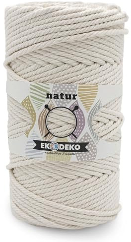 EkoDeko Makramee Garn 5 mm – 100 m – Dickes Baumwollgarn für Makramee, Wanddeko, Pflanzenhänger & DIY – 4-Fach gezwirnt, natürlich & nachhaltig