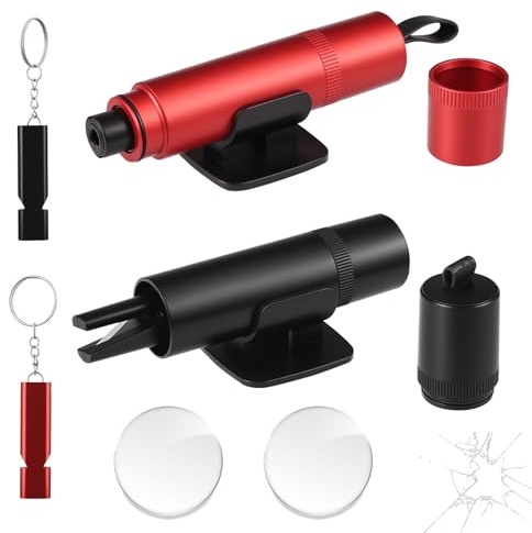 Holtrae 2 Stück Auto Sicherheitshammer,2 in 1 Gurtschneider Notfallhammer,mit Glasbrecher Auto Essentials,Emergency Cartool,Nothammer mit 2 Stück Testglas zum Üben,für Auto,Bus(Rot+AutoSchwarz)