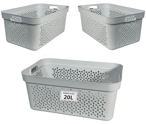 Plastard Wäschekorb 3er Set 20 Liter Weiß aus Kunststoff mit Griffen | Stapelbar, robust & leicht zu reinigen; ideal für Bad, Kinderzimmer & Camping; BPA-freie Wäschewanne, leichte Wäschebox