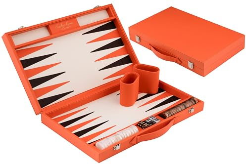 Engelhart-250565 – Backgammon 18 Zoll (46,7 cm) Luxus Koffer Kunstleder Orange – Intarsienbrett – Offen 56,4 × 46,7 cm – Schwarz/Orange Steine – Würfel & Becher – Klassisches Brettspiel