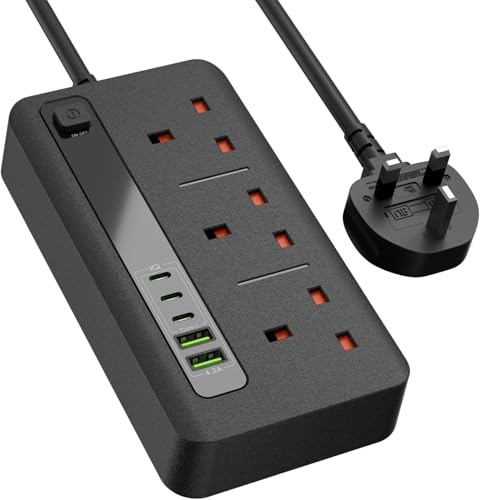 Extension Lead with USB Slots, 3 Way Power Strip with 2 USB and 3 Type-C Ports, Switch Control Surge Protected Multi Plug Extension Cord for Kitchen Office Home, Black