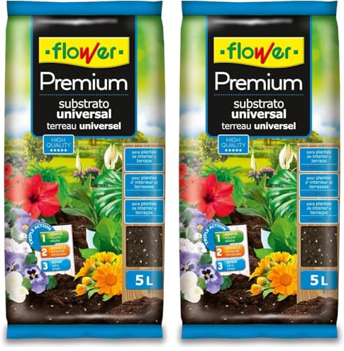 Flower - Sustrato Universal Premium 5L | para Plantas de Interior y Terraza | Enraizante y Aireante con Fibra de Coco | Multicolor, 24x4.5x39 cm, Sustrato (Paquete de 2)