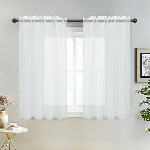 DWCN Voile Gardinen Kurz küchen Vorhänge Weiß Transparent 2 Stücke | B90xH120cm, Luftige und Lichtdurchlässige Wohnzimmer Modern Vorhänge Vorhang mit Stangedurchzug für Schlafzimmer Kinderzimmer