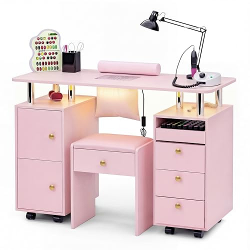 Nail Desk & Storage Stool Set for Nail Tech, Manicure Table w/Electric Dust Collector, LED Lights, Rolling Wheels, Hidden Storage Seat, Acetone Resistant, Professional Salon Workstation (Pink)