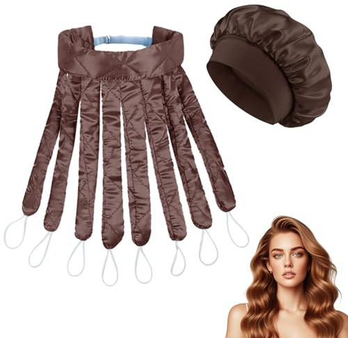 Rizadores sin calor para cabello largo, diadema de uso nocturno con varillas para peinar ondas en cabello corto y largo (marrón - incluye gorro de dormir)