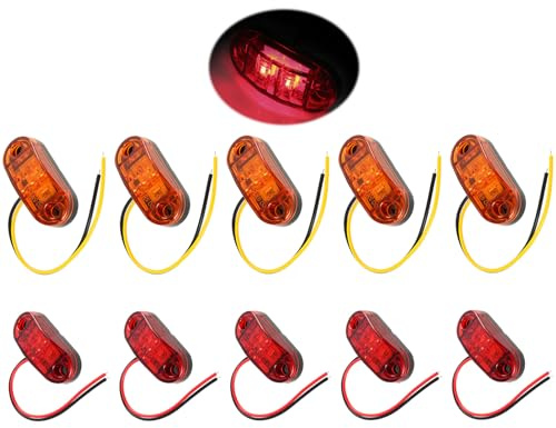 10 x superljusa vattentäta LED-sidomarkeringslampor set – 12/24 V släpvagnsljus i ovalt, inklusive 5 gula 5 röda lampor – kontur-, signal- och löplampor för lastbilar, båtar, husbilar
