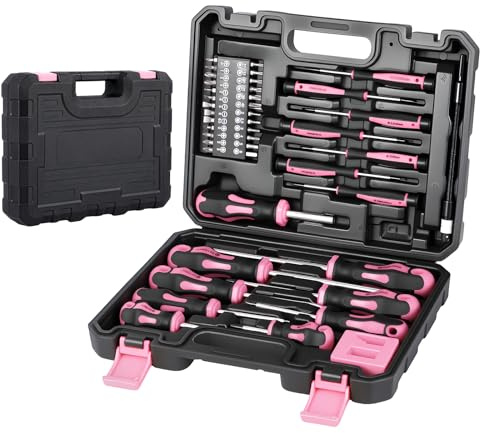 GREENSAPPIRE 43pcs Magnetic Screwdrivers Set with Case – Heavy Duty Chrome Vanadium Steel, Magnetic Tips, Ergonomic Handles, Standard Screwdrivers for Mechanics, Electronics, Automotive (Pink)