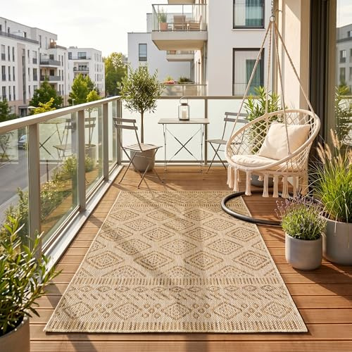 HomebyHome Outdoor Teppich Beige Jute Optik 80x150 cm Balkon Terrasse Garten Wetterfest UV-beständig Mittel Rauten Design Flachgewebe Pflegeleicht Robust Modern