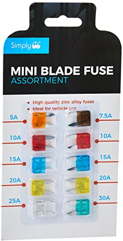 Simply BF820 Mini Blade Fuse Assortment - Set of 10 - Ideal for Vehicle Use, 10 Pieces and 7 Types 5A 7.5A 10A 15A 20A 25A 30A Multi-Function Car fuse