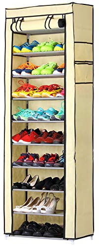 BAKAJI Meuble à Chaussures 11 étagères 60 x 30 x 175 cm jusqu'à 30 Paires de Chaussures Structure en Acier et revêtement en Tissu TNT imperméable avec Fermeture éclair Anti-poussière (Beige)