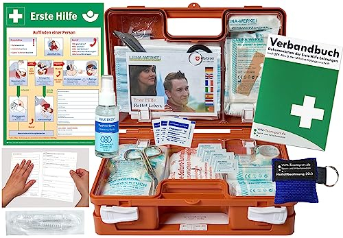 Verbandskoffer/Verbandskasten (K) Typ CN -Paket 2- Erste Hilfe nach aktueller DIN 13157 für Betriebe -DSGVO- INKL. PERFORIERTEM VERBANDBUCH + Hygiene-Gel & Notfallbeatmung + AUSHANG