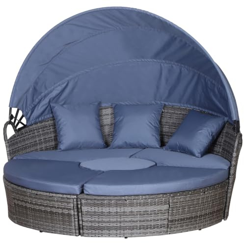 Outsunny Outdoor PE Rattan Garden Furniture Round Daybed Grey/Blue Grey | Cushioned, Patio Wicker Conversation Furniture Set, Retractable Canopy, Coffee Table, Three Pillows