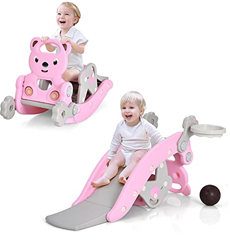Costzon 5 in 1 Toddler Slide Rocking Toy, Slide for Kids with Detachable Stool, Basketball Hoop and Ring Game, Foldable Climber Playground Slide for Both Indoors Outdoor Use (Pink Bear)