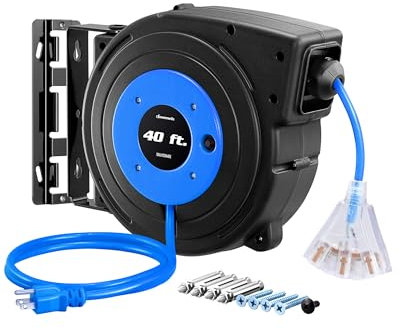 DEWENWILS Heavy Duty Cord Reel, 40FT Retractable Extension Power Cord, 12AWG/3C SJTOW, 3-Lighted Triple Outlets, 15A Circuit Breaker, Wall/Ceiling Mounted, Adjustable Stopper UL Listed, Blue,1 Box