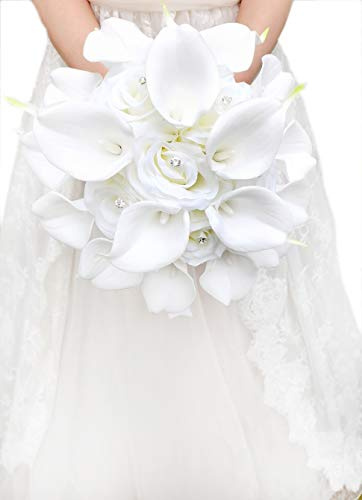 IFFO, YIFUwedding Bridal Wedding Rose Calla Lily Bouquet Party Decoration Artificial Flowers Bridal Bouquet 9 inch Wedding Bouquet (White)