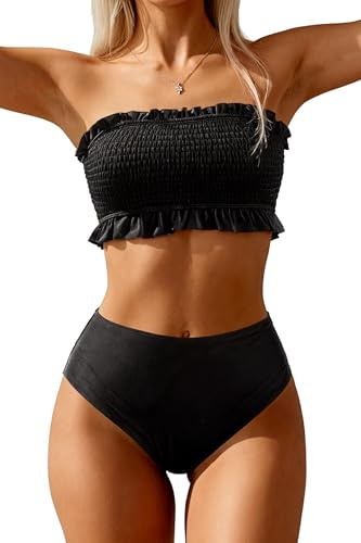 Tempt Me Black Women Bandeau High Waisted Bikini Sets Smocked Swimsuit Strapless Two Piece Bathing Suit M