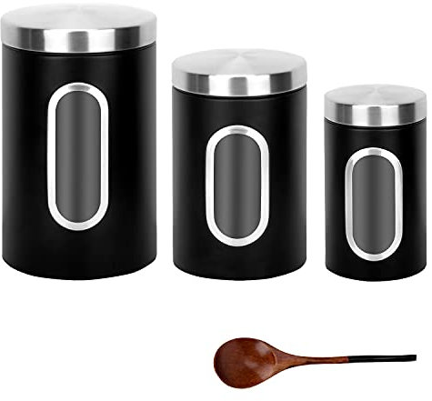 AEUNKIUO Black Kitchen Counter Canister set 3 pieces, 0.9/1.6/2.9 Quarts Stainless Steel Flour Sugar Tea Coffee Biscult Storage Containers with with Long Wood Spoon&Visible