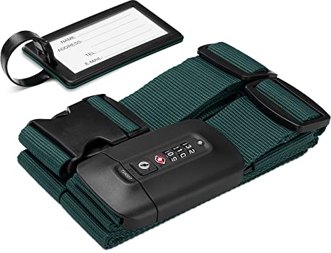 Navaris Kreuzkoffergurt mit TSA Zahlenschloss und Adressanhänger - Koffergurt mit Schloss und Namensschild - Reise-Sicherheitsset für Koffer - Grün