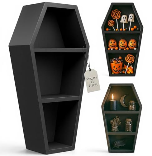 MIJOMA Sargregal aus Holz für Gothic-Dekoration, Hexenregal, Mattschwarz | Wand- & Tisch-Deko, Oddities Hängeregal, Sarg Make-up Regal, freistehend schwebend, 35x18x9 cm