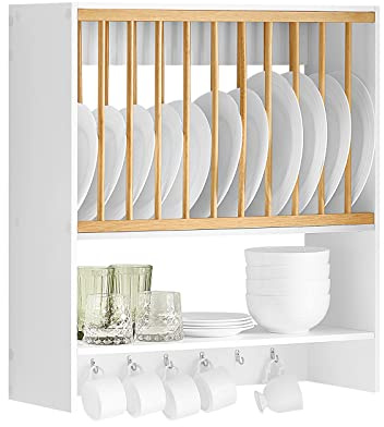 SoBuy Tellerhalter für 11 Teller, Wandregal mit 7 Haken, Weiß, 64x71x24cm | Tellerregal mit Ablagefach, trocknet Geschirr & spart Platz, 10 kg Tragkraft, MDF/Holz, für Küche & Essbereich, KCR09-W