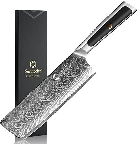 Sunnecko Kitchen Knife Japanese Damascus Nakiri Knife 7 Inch, Sharp Chopping Knife for Cutting Vegetable, Meats, Fruits