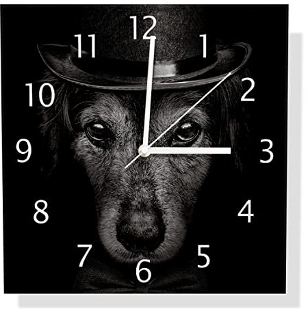 Wallario Design Wanduhr Eleganter Hund mit Zylinder in schwarz-weiß aus Aluverbund, Alu-Uhr Größe 30 x 30 cm, weiße Zeiger mit Metalloptik
