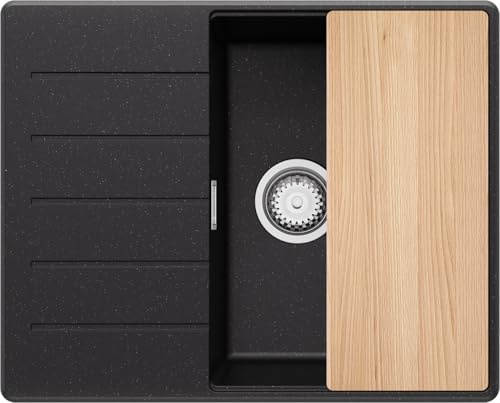 PRIMAGRAN Evier Cuisine en Granit Noir Métallisé 62x50cm, Lavabo 1 bac + Kit de Vidage + Planche à Découper, Évier à Encastrer al mueble 45cm - Copenhague