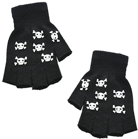 1 Paar warme gestrickte Fäustlinge Totenkopf fingerlose Handschuhe Radfahren rutschfeste Handschuhe Halloween Cosplay Dekor leuchten im Dunkeln, 6 große Totenköpfe, Einheitsgröße