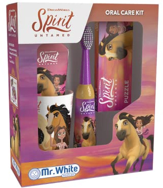 Spirit - Kit regalo per l'igiene orale, include spazzolino elettrico alimentato a batteria con setole morbide, dentifricio al gusto menta (75 ml), bicchiere multiuso e puzzle divertente per bambini