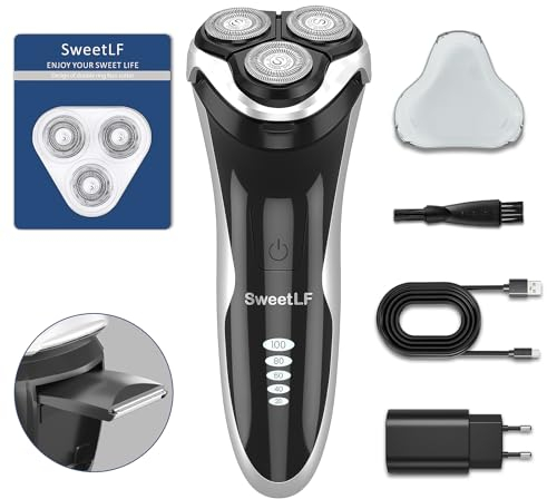 SweetLF [New] Rasierer Herren Elektrisch Nass und Trockenrasierer, Rasierapparat IPX7 wasserdicht mit Einziehbarer Bartschneider, Elektrorasierer LED-Display (Plus 3 Klingen + 1 Ladegerät), SWS7105