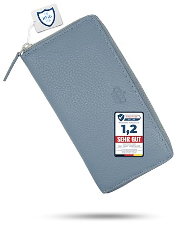 Baur Damen Geldbörse Echt Leder Geldtasche | Geldbeutel mit RFID Schutz | Großes Portemonnaie viele Kartenfächer | Wallet mit Rundum-Reißverschluss | Portmonee | Damen-Geldbörsen (Tauben-Blau)