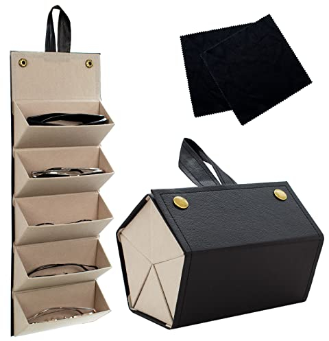 CIOUYAOS Brillenhalter mit 2 Brillenputztüchern, 5 Slot Sonnenbrillen Aufbewahrung, Faltbare Brillenetui Brillenbox Wand Brillenständer Sunglasses Case für Damen, Männer, Kinder (Schwarz)