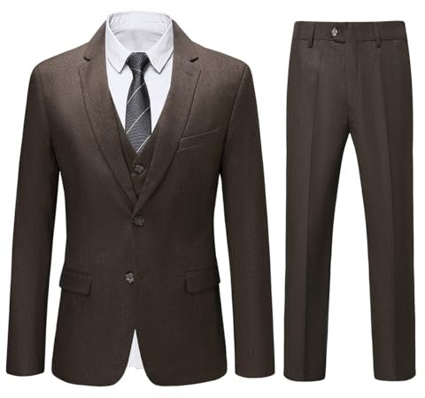 Allthemen Herrdräkter 3-delad kostym 2-knappar slim fit kostymer affärsjacka väst byxor för bröllopsfest, Brun, S