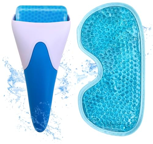Antifaz gel frio y Ice Roller Facial. Kit antiojeras, mascara gel frio cara y rodillo facial hielo, masajeador facial, antifaz frio para ojos, alivio para el dolor de cabeza, migraña alivio.