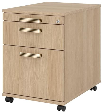 bümö Rollcontainer mit Hängeregistratur, Container abschließbar aus Holz in Eiche - Rollwagen für's Büro mit Hängeregister als Schreibtisch Unterschrank od. Bürocontainer m. Streifengriffe
